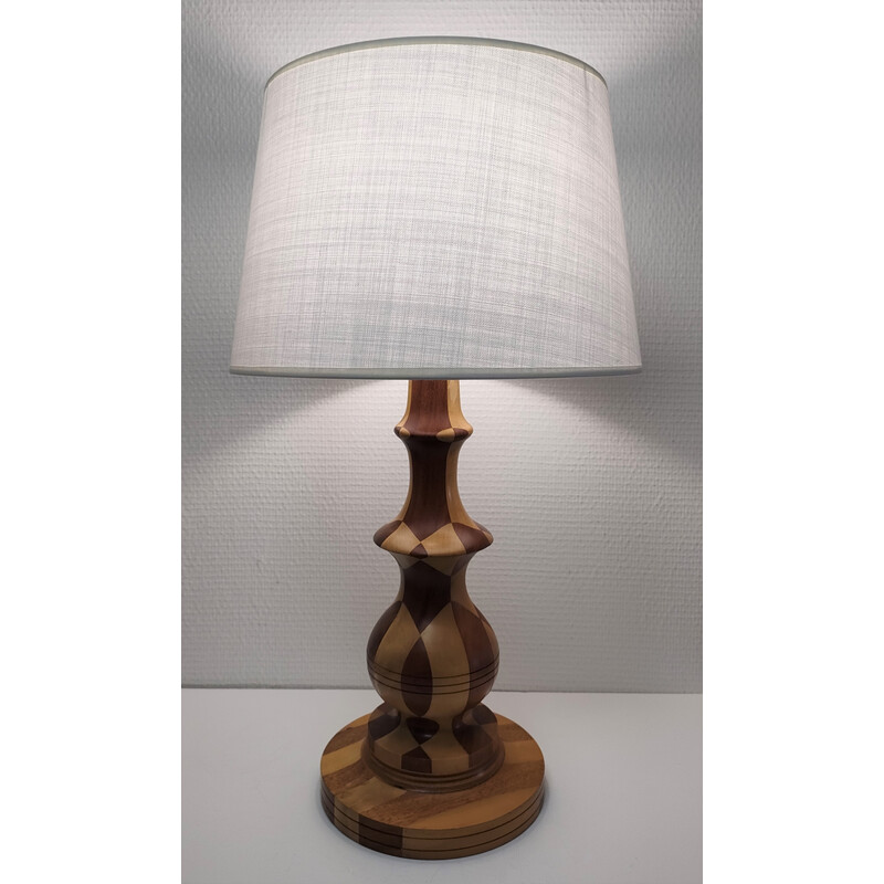 Vintage lamp in turned wood and wood inlays, 1980