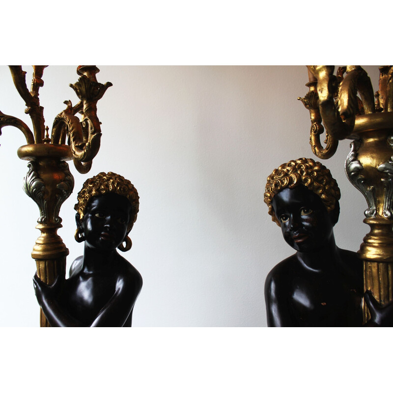 Pair of vintage Nubian torchiere floor lamps in polychrome wood, Italy