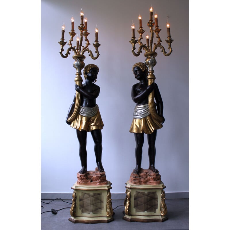 Pair of vintage Nubian torchiere floor lamps in polychrome wood, Italy