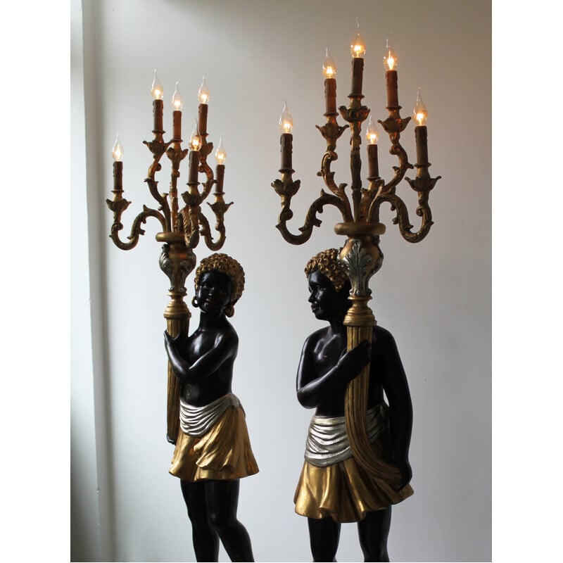 Pair of vintage Nubian torchiere floor lamps in polychrome wood, Italy