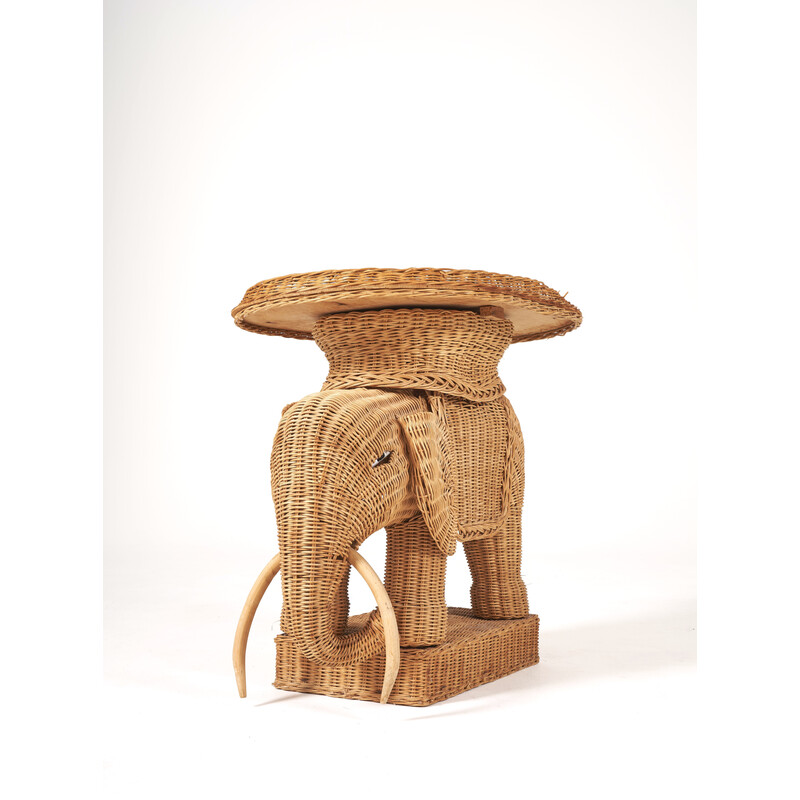 Vintage elephant side table in rattan, 1970