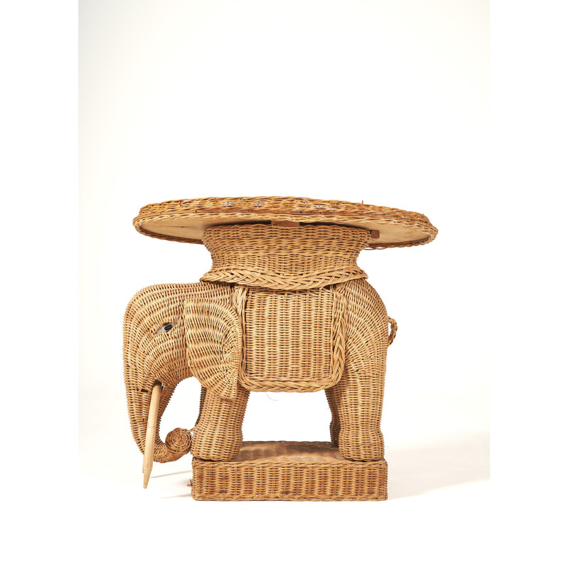 Vintage elephant side table in rattan, 1970