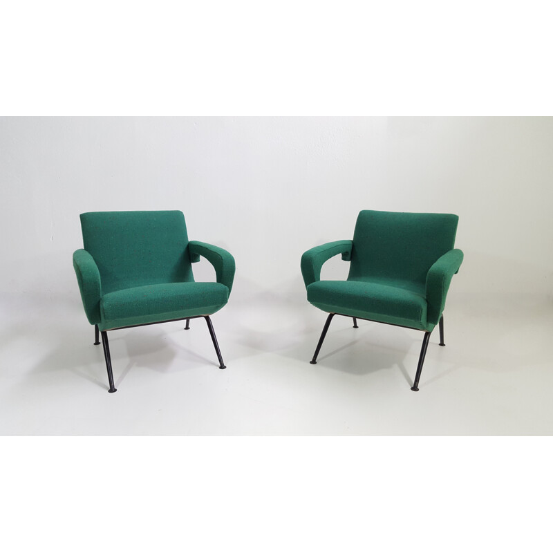 Pair of green fabric and black legs armchairs - 1950s