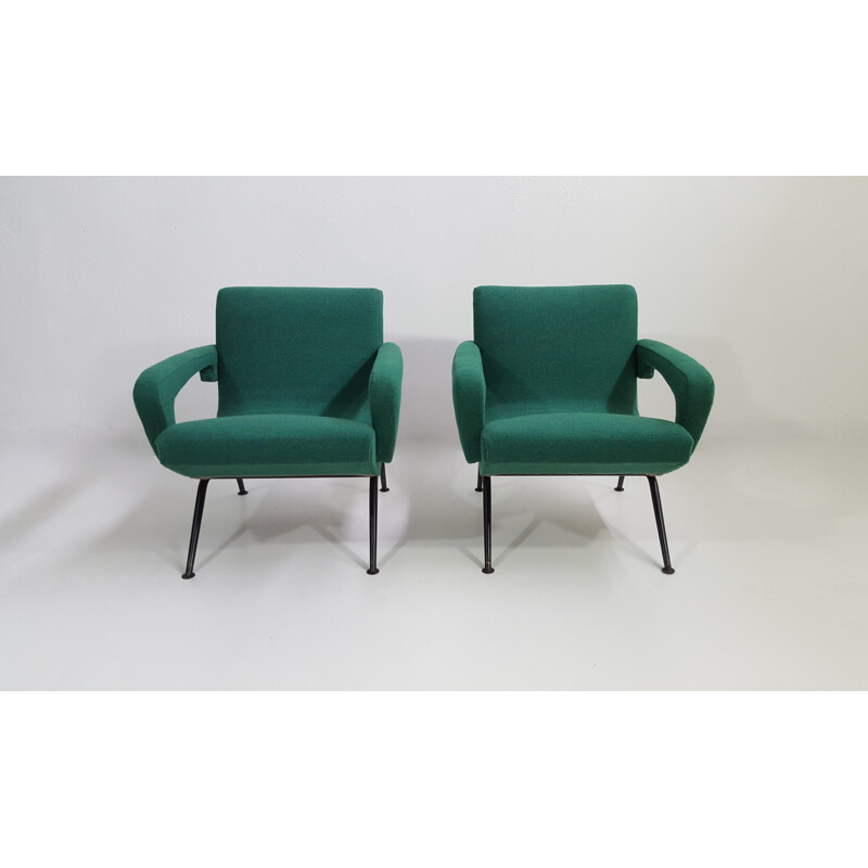 Pair of green fabric and black legs armchairs - 1950s