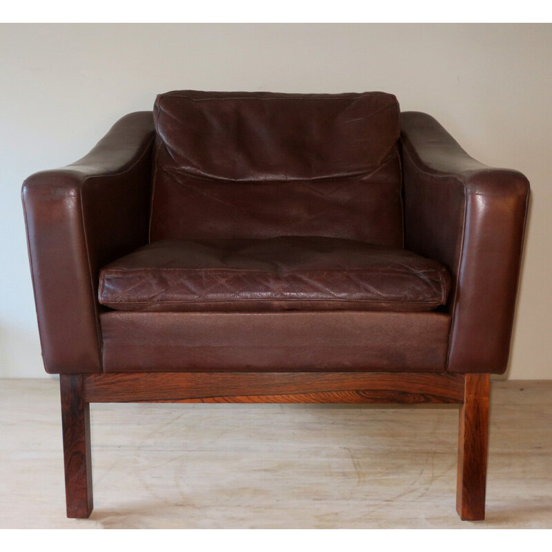 Fauteuil danois vintage en palissandre et cuir patiné par Paul M. Jessen pour Viby J, 1960