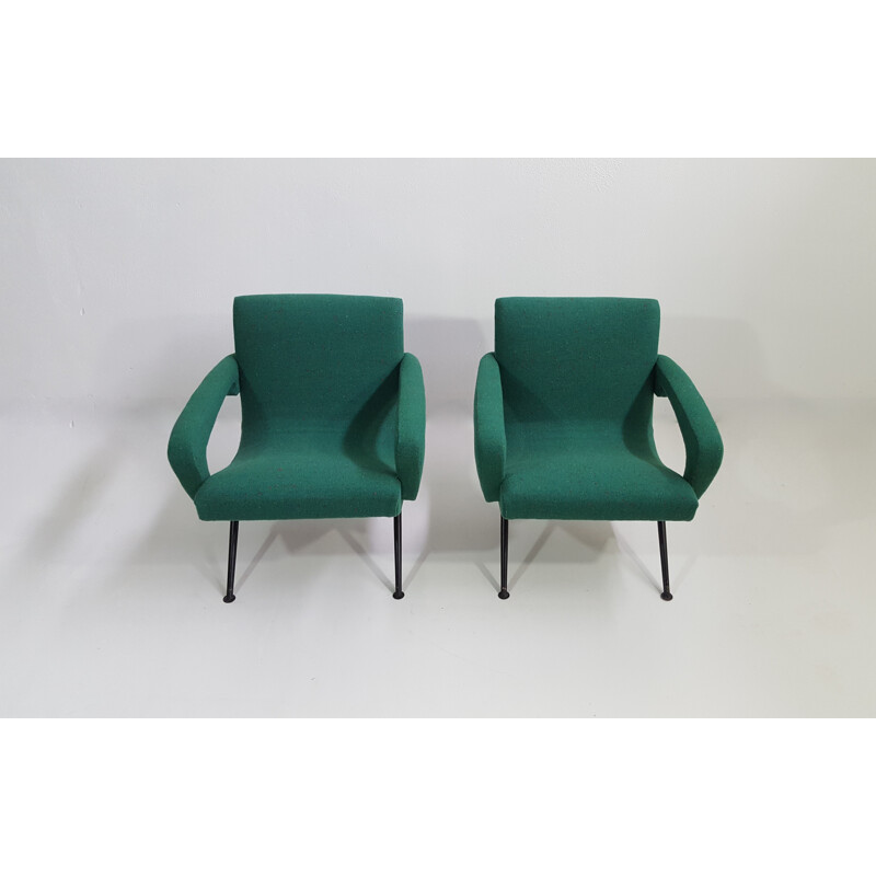 Pair of green fabric and black legs armchairs - 1950s