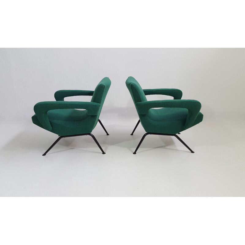 Pair of green fabric and black legs armchairs - 1950s