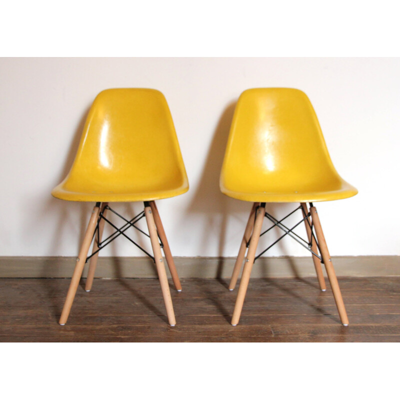 Coppia di sedie Dsw gialle vintage di Charles e Ray Eames per Herman Miller