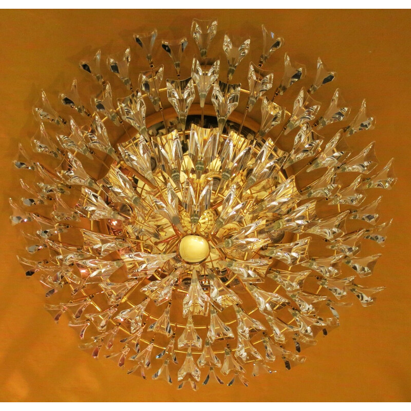 Lampadario vintage in ottone placcato oro e cristallo di Stilkronen, Italia, anni '70