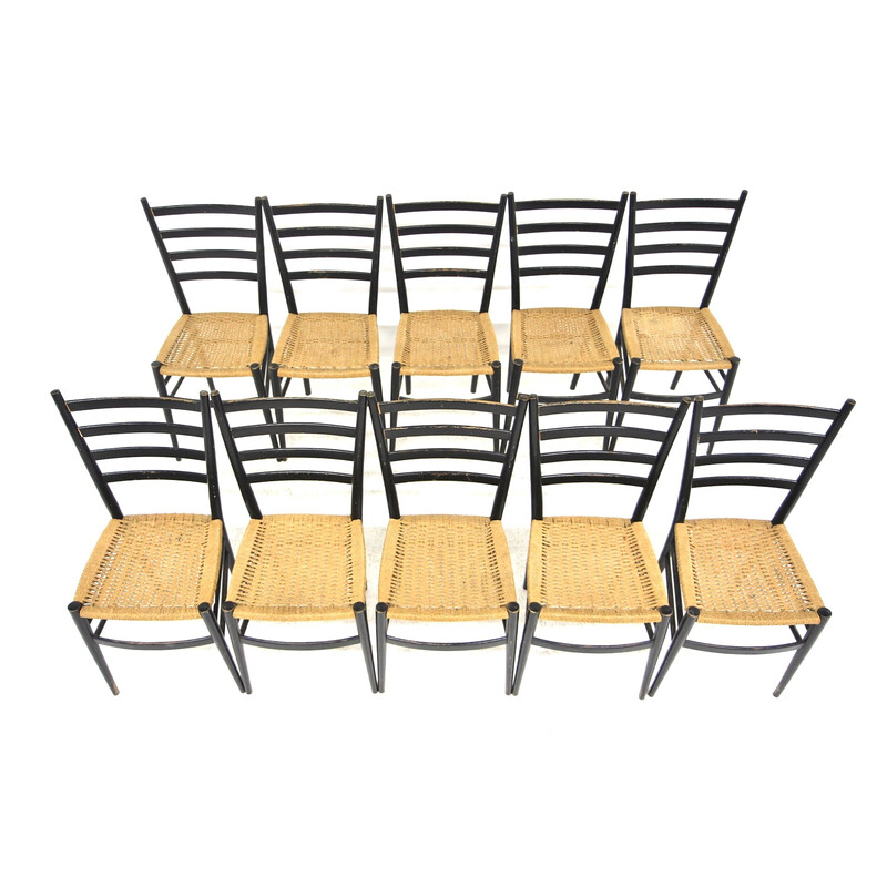 Set of 10 vintage wood and paper cord chairs, Sweden 1970s