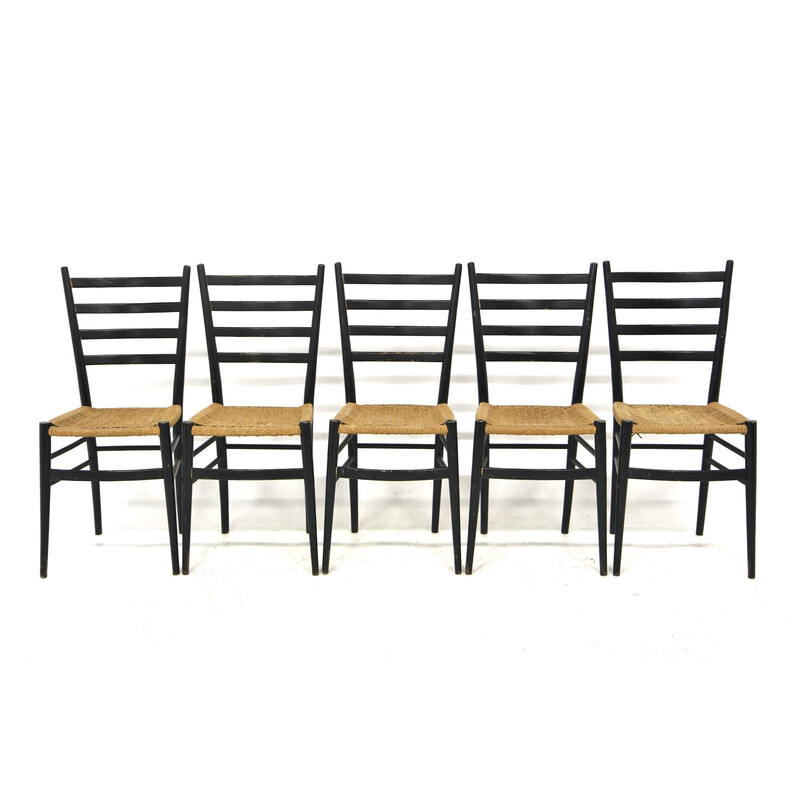 Set of 10 vintage wood and paper cord chairs, Sweden 1970s