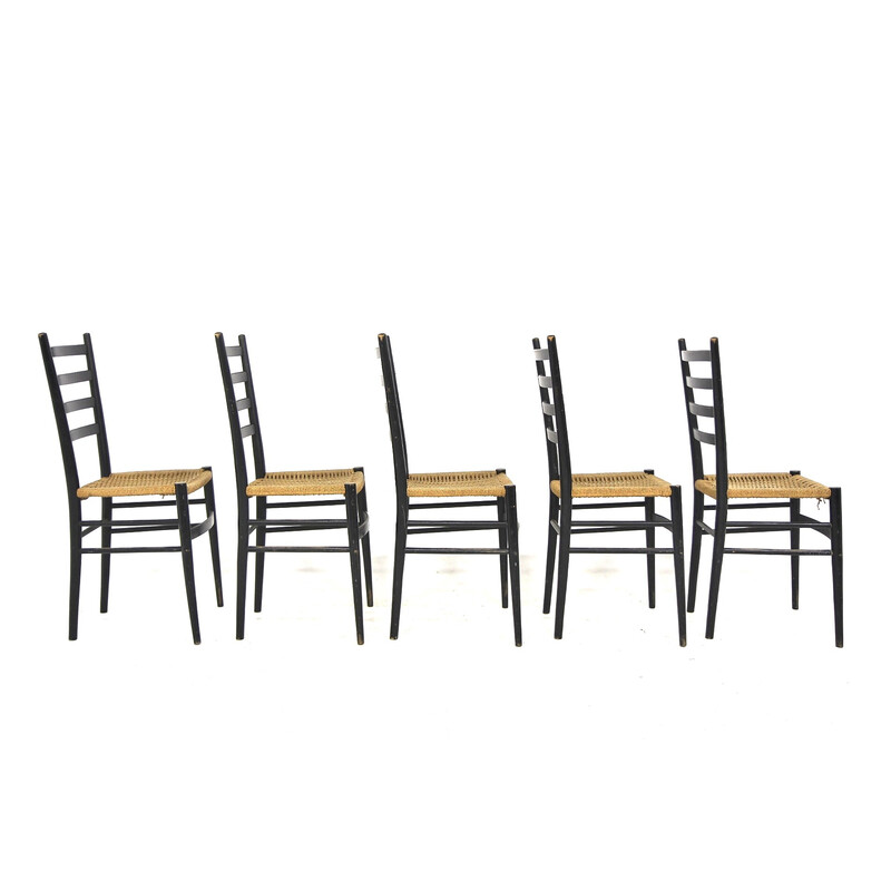 Set of 10 vintage wood and paper cord chairs, Sweden 1970s