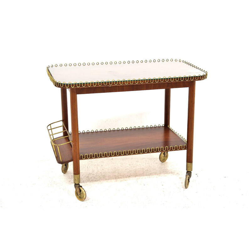 Vintage mahogany, glass and metal serving table on wheels, Sweden 1960s