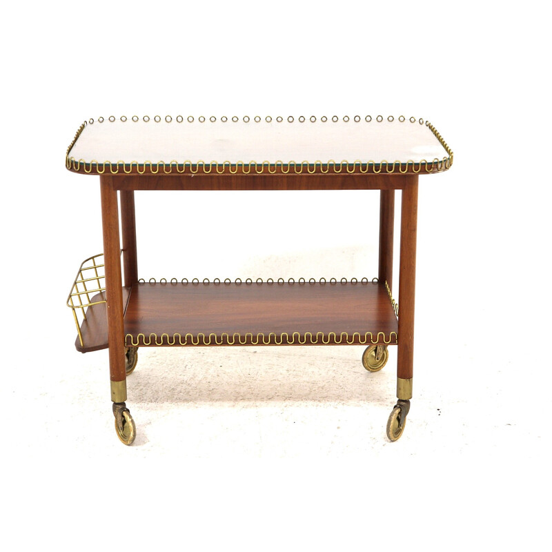 Vintage mahogany, glass and metal serving table on wheels, Sweden 1960s