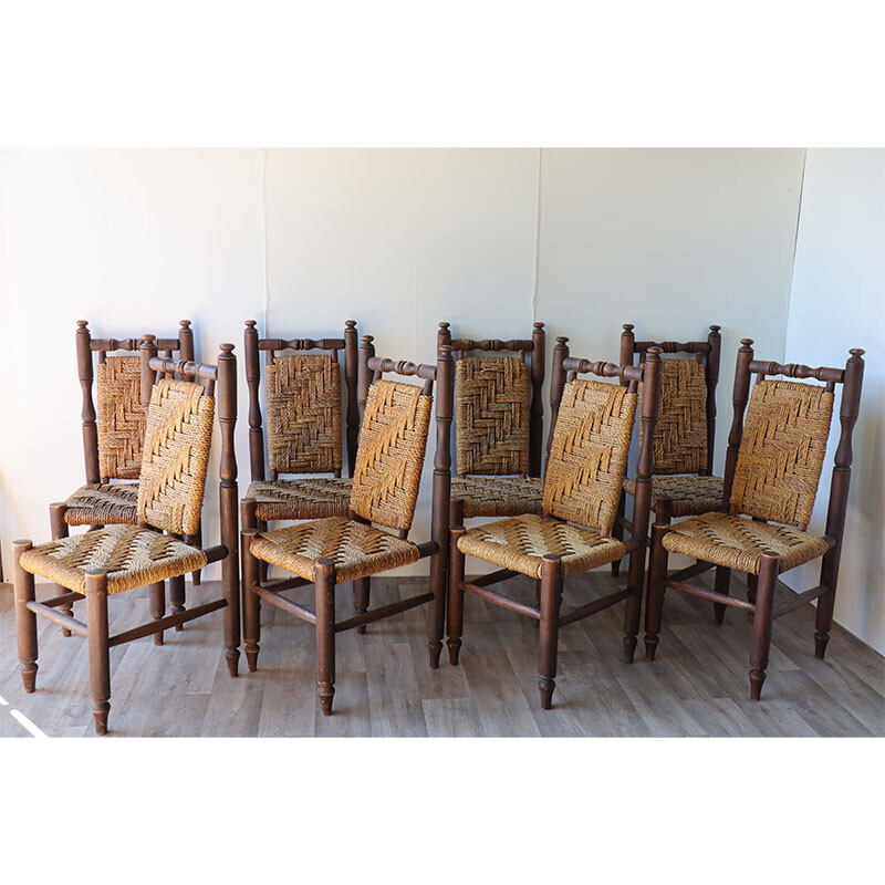Conjunto de 8 cadeiras de madeira vintage e de cordas tecidas, 1960