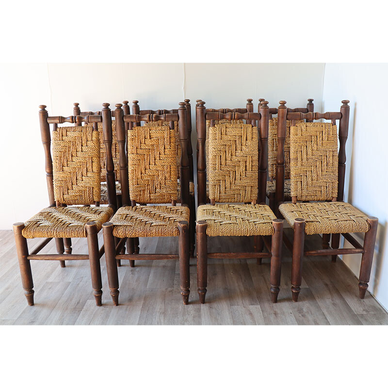 Set of 8 vintage wood and braided rope chairs, 1960