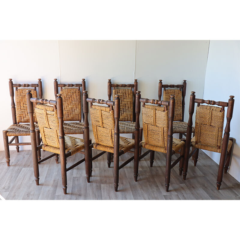 Set di 8 sedie vintage in legno e corda intrecciata, 1960