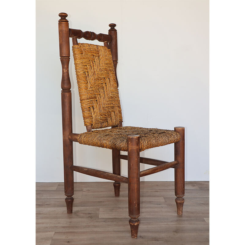 Conjunto de 8 sillas vintage de madera y cuerda tejida, 1960