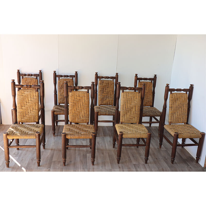 Conjunto de 8 cadeiras de madeira vintage e de cordas tecidas, 1960
