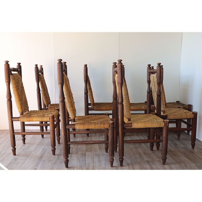 Set of 8 vintage wood and braided rope chairs, 1960