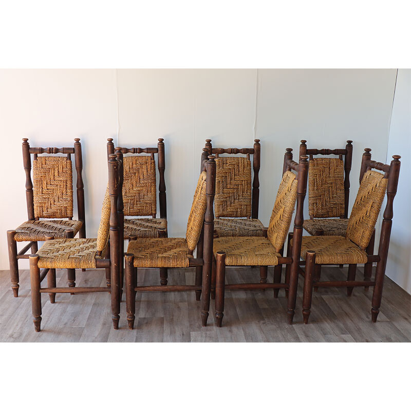 Conjunto de 8 sillas vintage de madera y cuerda tejida, 1960