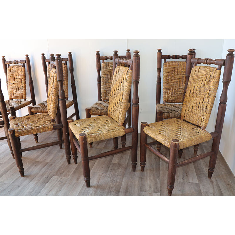 Set of 8 vintage wood and braided rope chairs, 1960