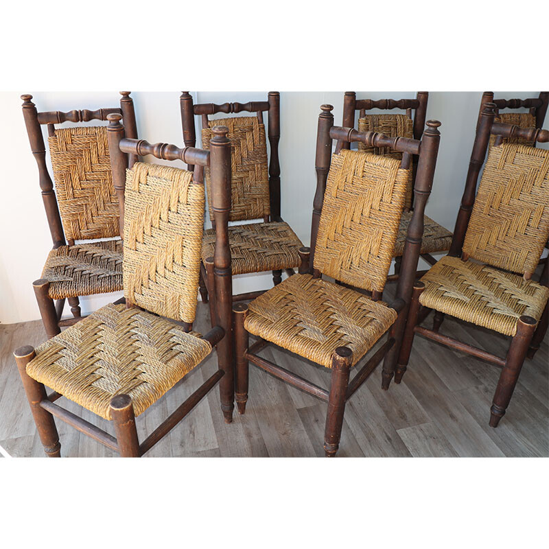 Set of 8 vintage wood and braided rope chairs, 1960