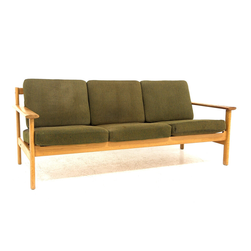 Vintage 3 seater oakwood sofa with cushions, Sweden 1970