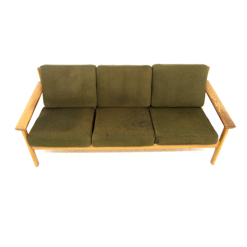 Vintage 3 seater oakwood sofa with cushions, Sweden 1970