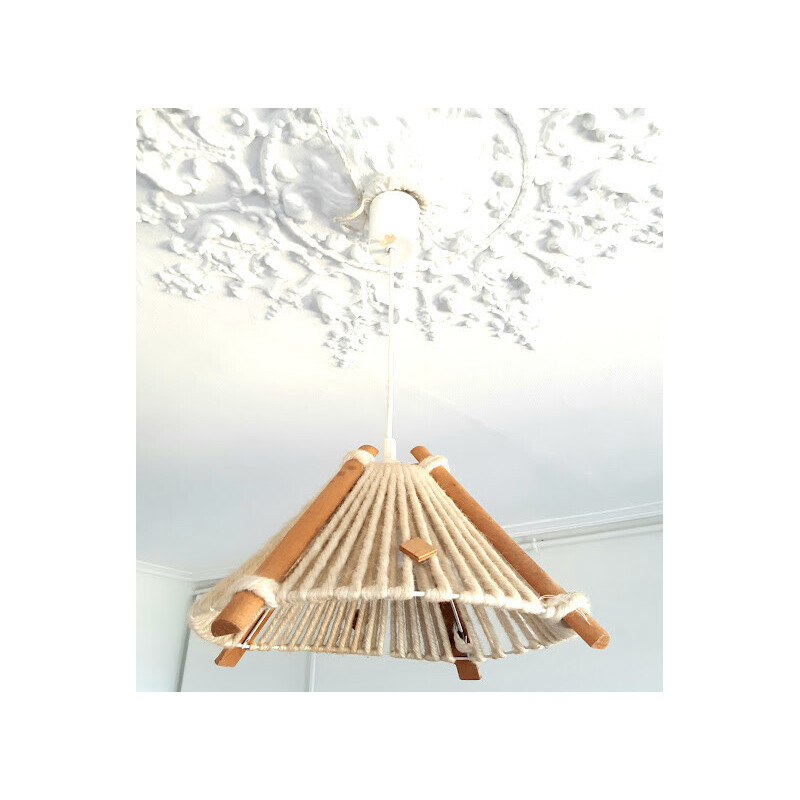 Vintage hanglamp van wol en hout, 1960