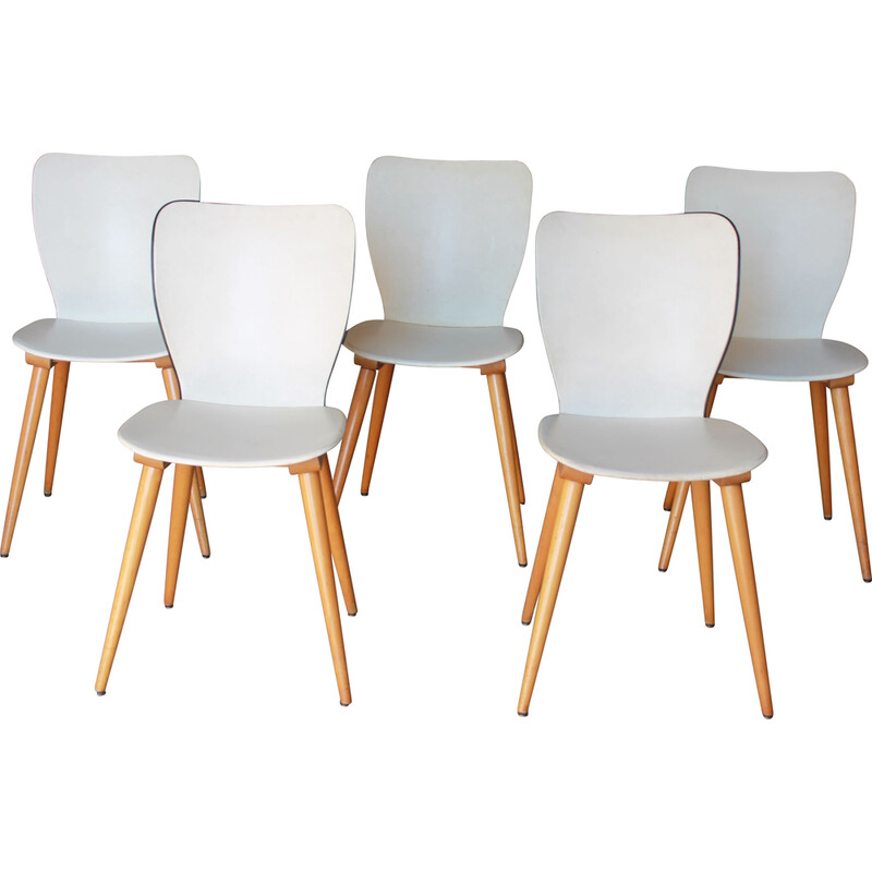 Set of 5 vintage Baumann chairs in white vinyl and wood, 1950