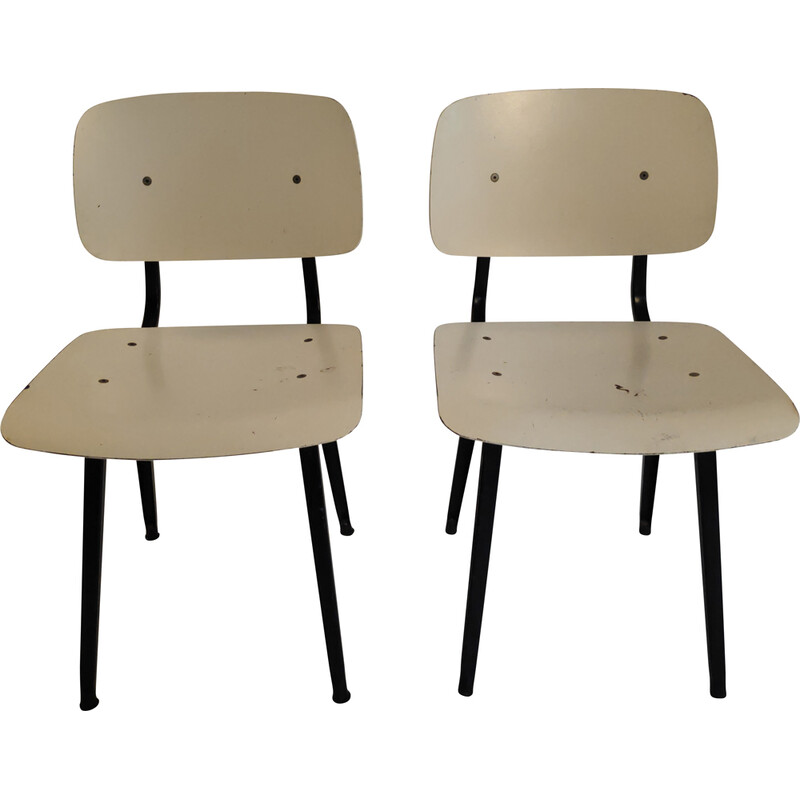 Pair of vintage Dutch industrial Revolt white chairs by Friso Kramer for Ahrend De Cirkel, 1966