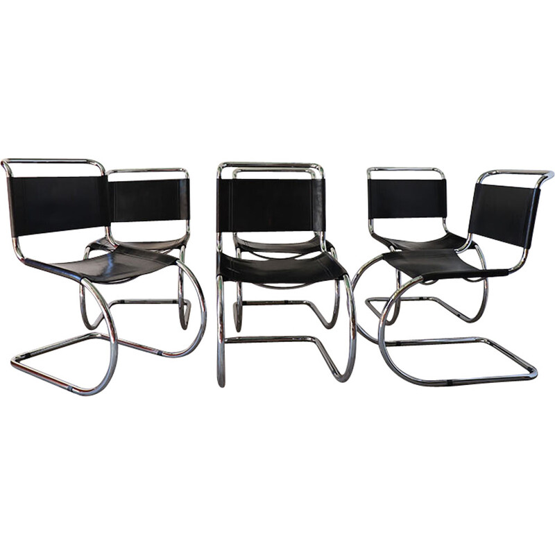 Set di 6 sedie vintage minimaliste in metallo cromato e pelle nera, 1970
