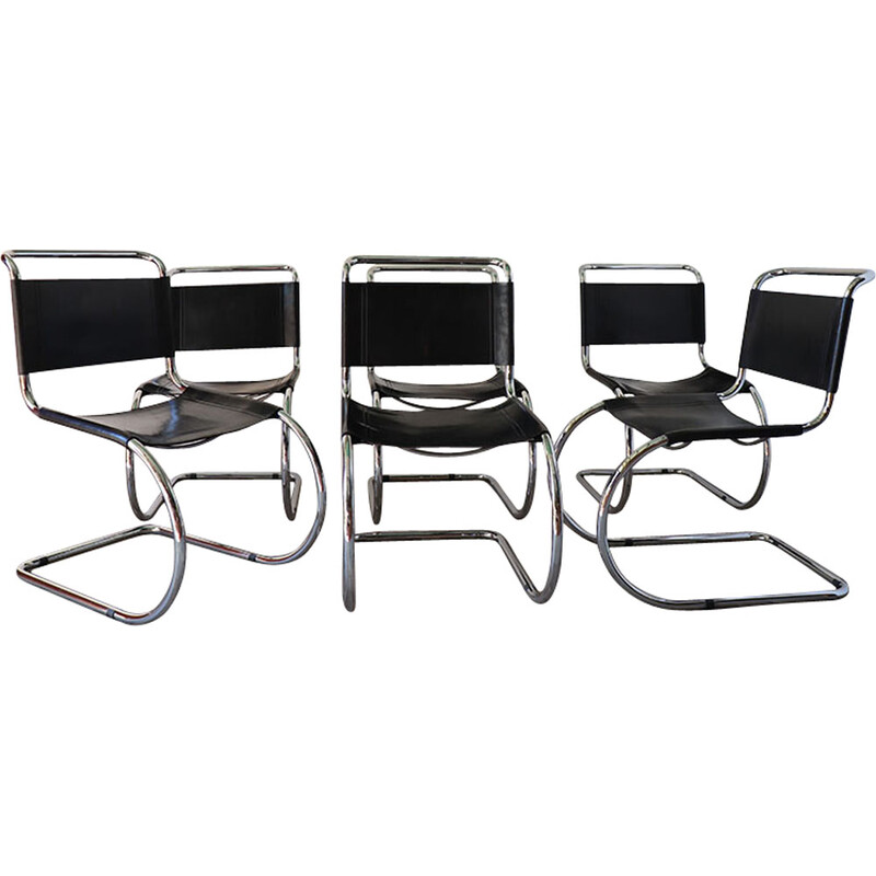 Set of 6 vintage minimalist chairs in chrome metal and black leather, 1970