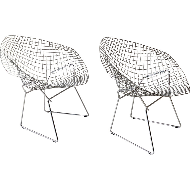 Pair of vintage chrome steel "diamond" armchairs by Harry Bertoia for Knoll, 1970