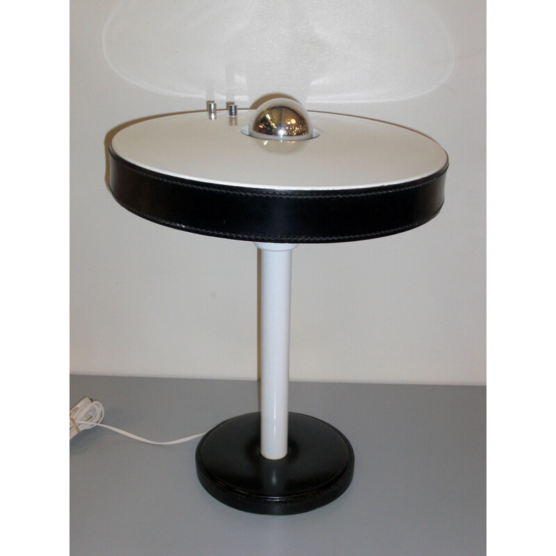 White and black leather table lamp, Louis KALFF - 1970s
