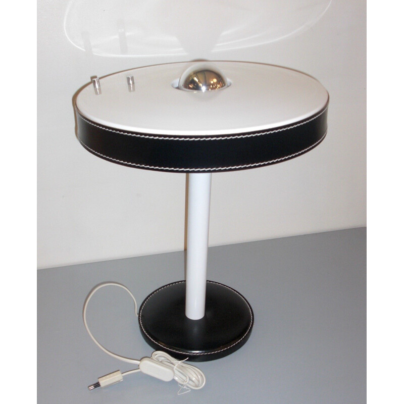 Black leather and white thread table lamp, Louis KALFF - 1970s