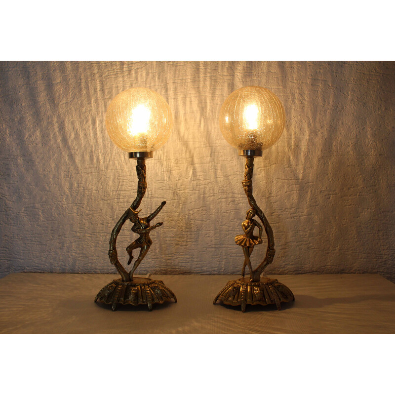 Par de lâmpadas de bronze vintage da Commedia Dell Arte