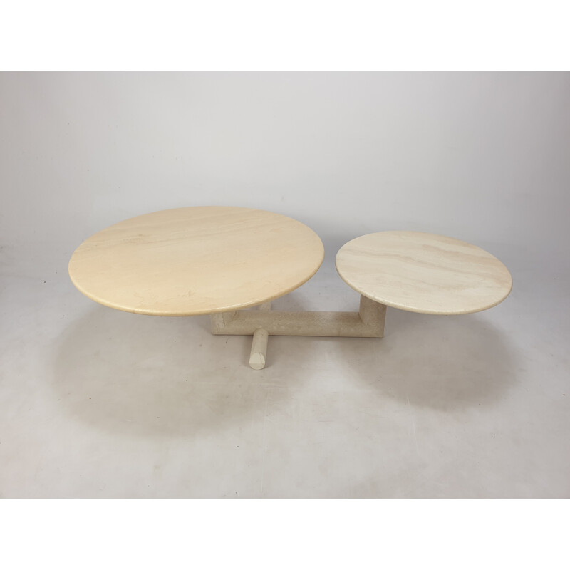 Table basse italienne vintage en travertin avec 2 plateaux, 1980