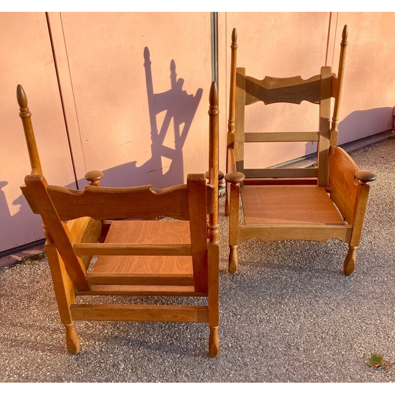 Paar Scandinavische vintage eiken fauteuils met kussens