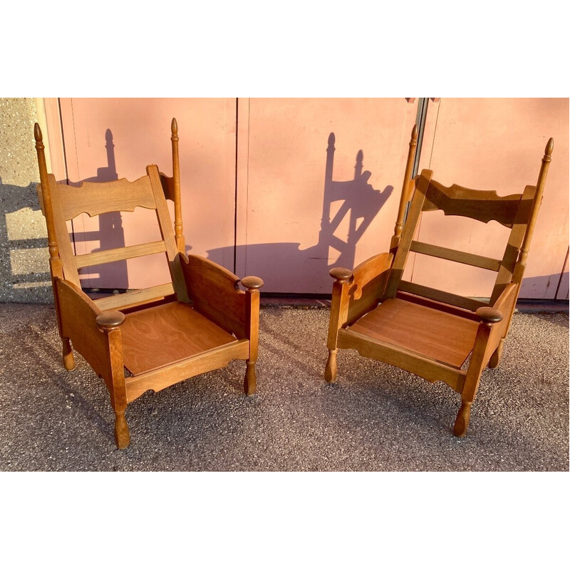 Pair of Scandinavian vintage oakwood armchairs with cushions