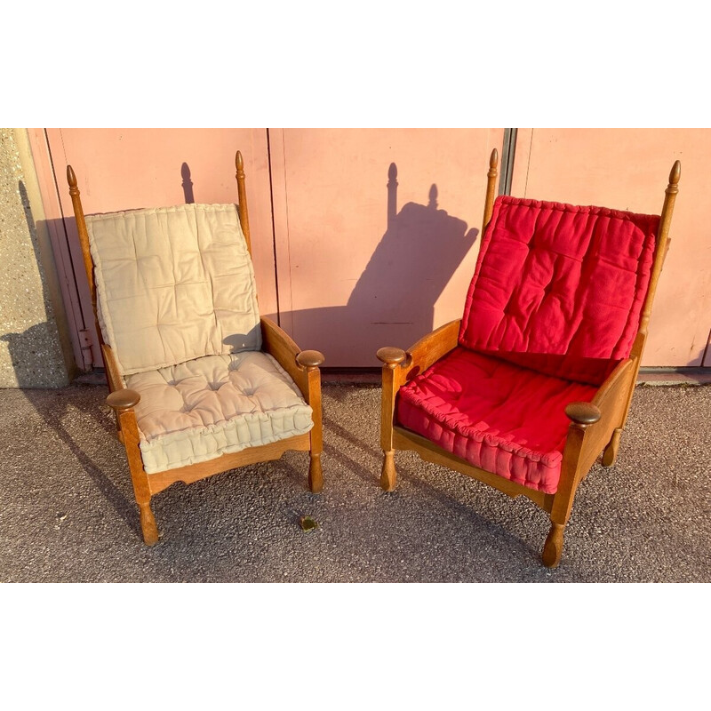 Pair of Scandinavian vintage oakwood armchairs with cushions