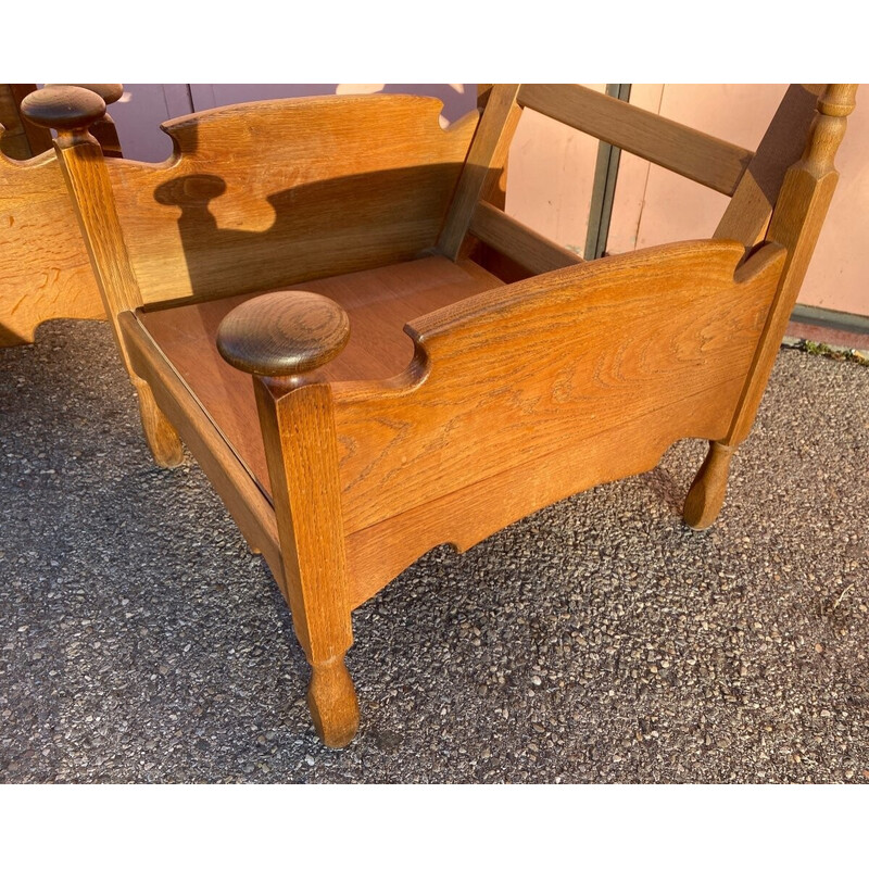 Pair of Scandinavian vintage oakwood armchairs with cushions