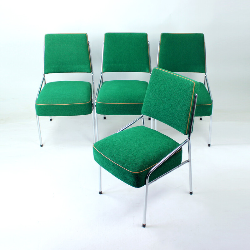 Set Of 4 Brussels Dining Chairs In Chrome & Green Fabric, Czechoslovakia 1960