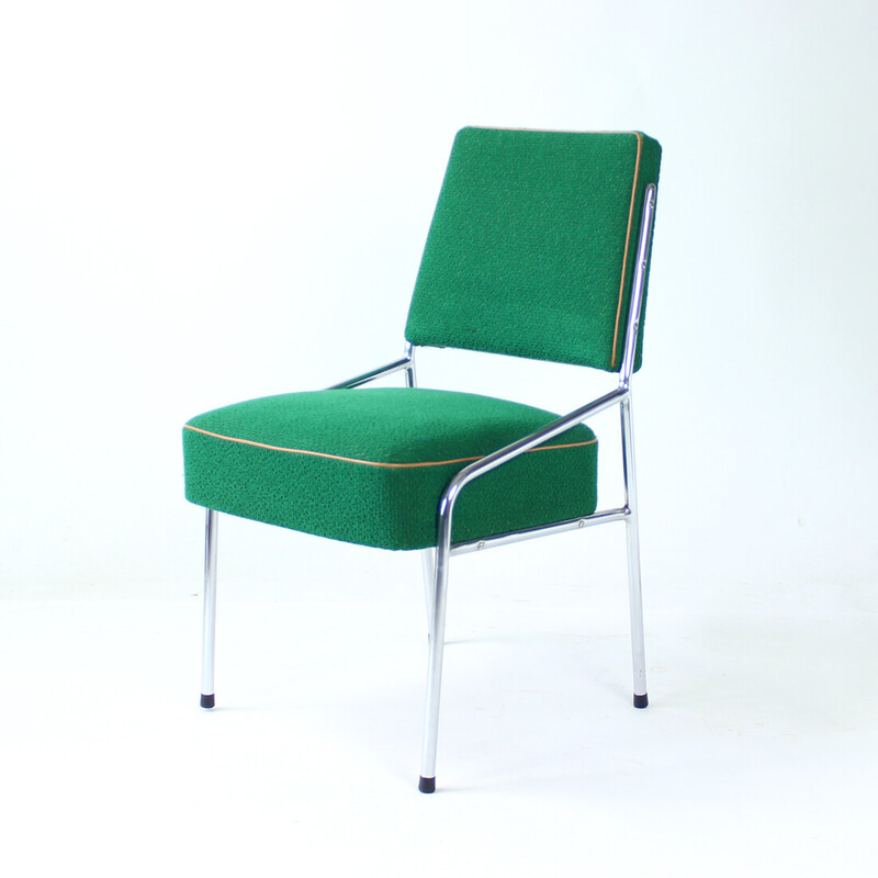 Set Of 4 Brussels Dining Chairs In Chrome & Green Fabric, Czechoslovakia 1960