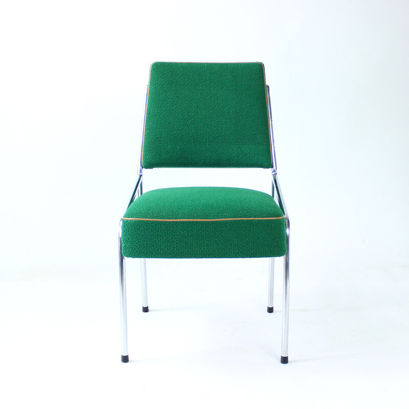 Set Of 4 Brussels Dining Chairs In Chrome & Green Fabric, Czechoslovakia 1960