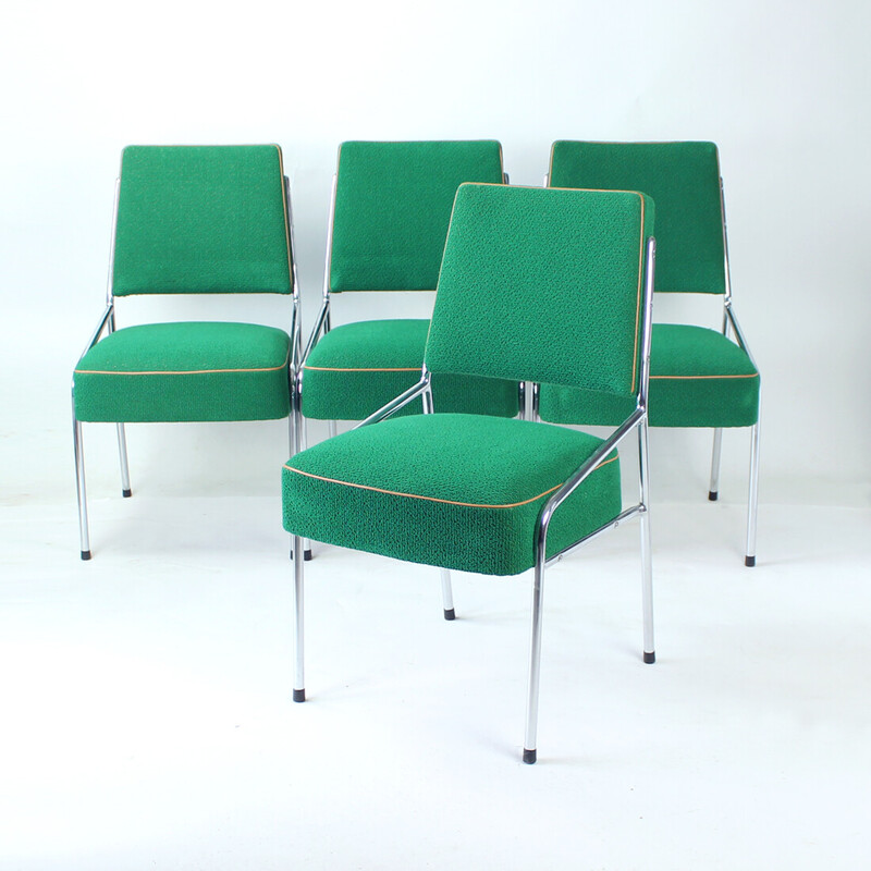 Set Of 4 Brussels Dining Chairs In Chrome & Green Fabric, Czechoslovakia 1960