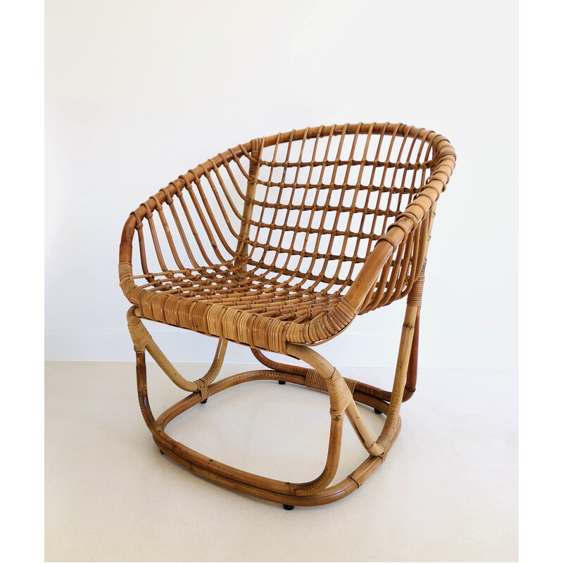 Vintage rattan armchair by Tito Agnoli for Pierantonio Bonacina, Italy 1958