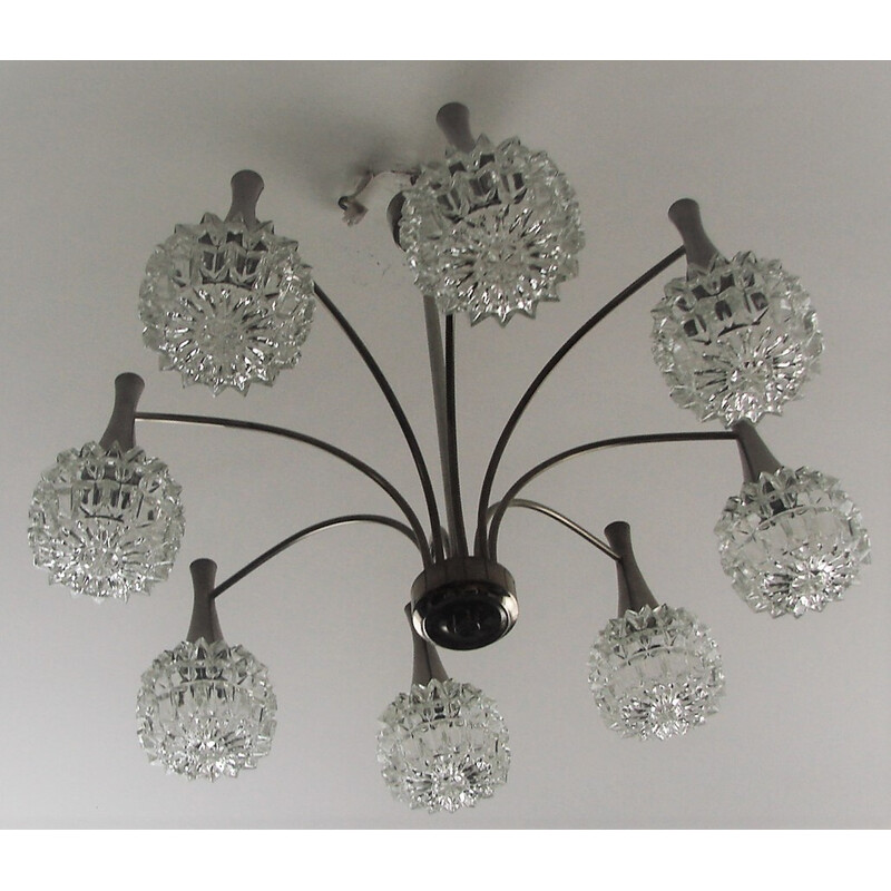 Vintage chandelier in nickel-plated steel and thick glass, 1970s