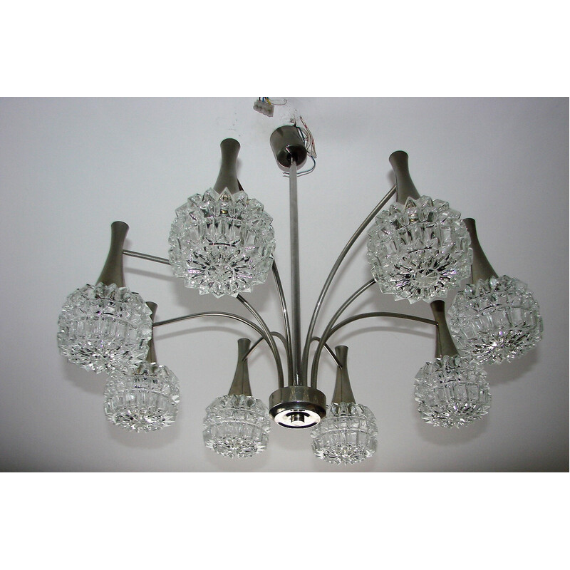 Vintage chandelier in nickel-plated steel and thick glass, 1970s